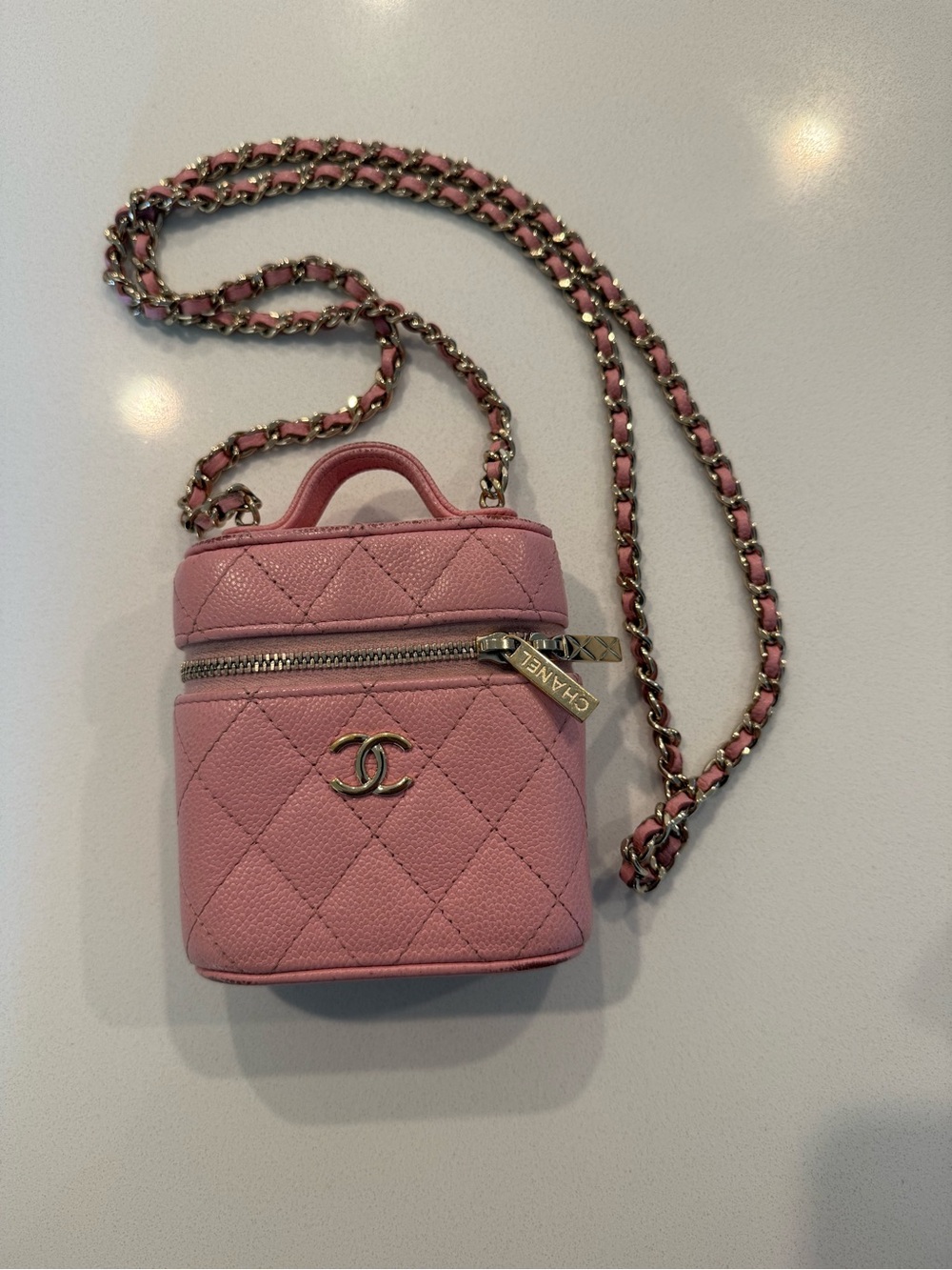 CHANEL Pink Quilted Mini Vanity Crossbody with Chain